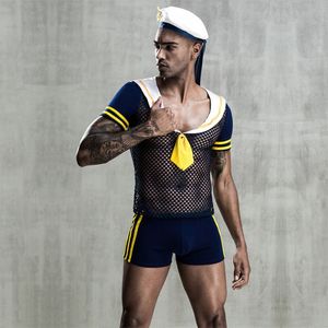Sexy marine costume discothèque uniforme jouant marin Cosplay Lingerie pour homme résille hauts court avec chapeaux hommes Lingerie