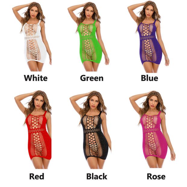 Sexy Fishnet Tights Bodysuit Sparkle Rhinestone Hollow Chemise Nightwear Mesh Babydoll Lingerie