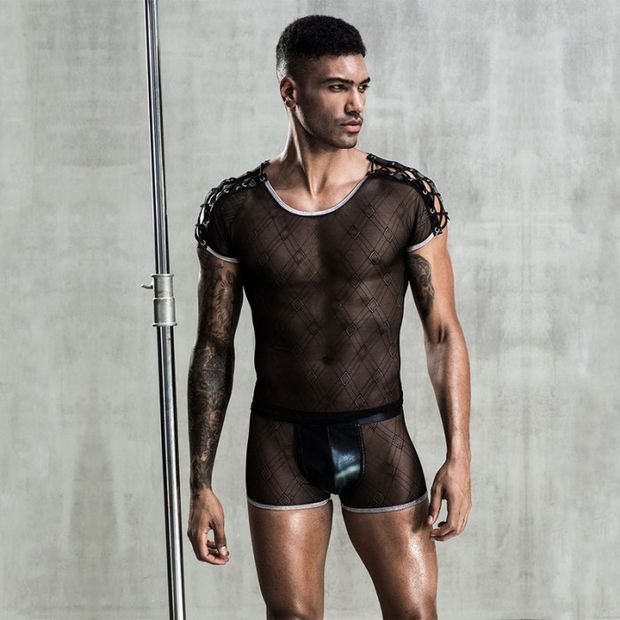 Sexy Black Perspective Shirt Panties Set Nightclub Uniform Bar Show Costume Mesh Lingerie For Men Sissy Lingerie