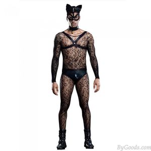 Sexy Cat Man Costume Bodystocking Clubwear Cosplay Lingerie Tightly Harness Panties Choker Mask Tail 6 Pcs Lingerie