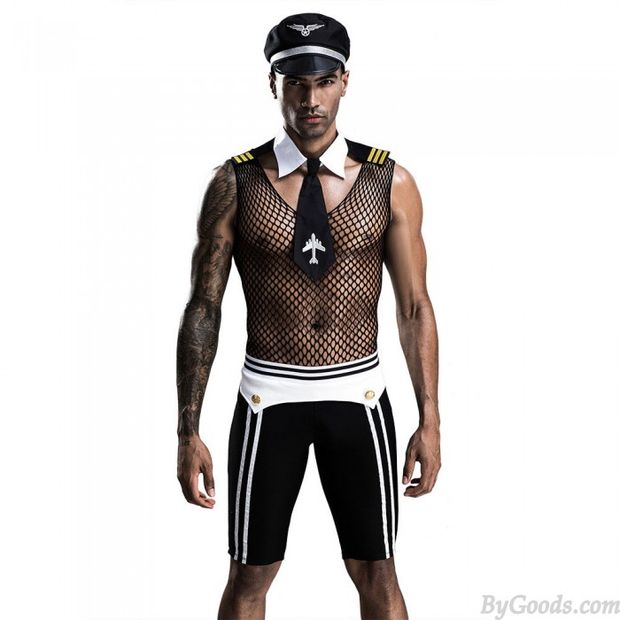 Sexy Police Pilot Uniform Costume Fishing Net Mesh Tops Cosplay Lingerie For Men