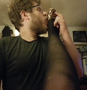 Me worshiping my mom's feet in stocking and heels as I stroke