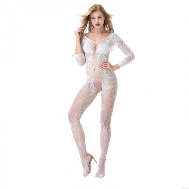 Sexy Blumen-Spitzen-Fischnetz Bodystocking Lange Ärmel Plus Size im Schritt Body Strumpfhose Sanft Unterwäsche Ein Stück Teddy-Dessous Bodystocking