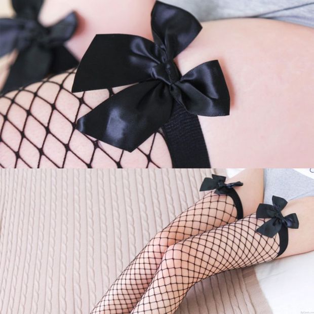 Sexy Résille Bowknot Cuissardes Bas Sur Le Genou Net Chaussettes Saint Valentin Cadeau Lingerie Femmes Bas