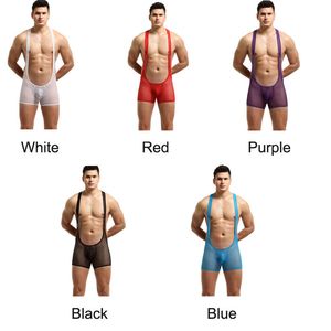 Sexy Mesh Small Hole Transparent Suspender Jockstrap Sissy Bodysuit Leotard Rompers Underwear Jumpsuits Wrestling Singlet Gay Lingerie