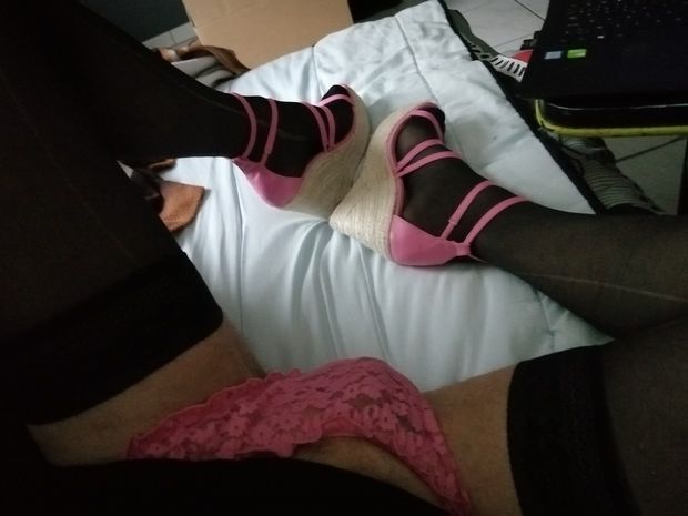 sissy showing off her pink panties&pink wedges