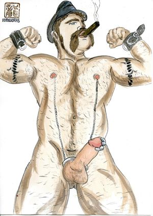 Gay drawing titled "strangled nipples"