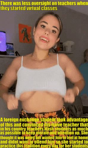 she didnt like doing this, especially cause she's married, but her all male class was definitely happier and paid attention more now