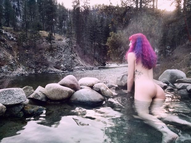 Purple haired hottie in the hot springs