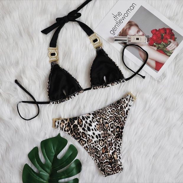 Sexy Léopard diamant Taille basse Maillot de bain bikini deux pièces ensemble licou maillot de bain maillots de bain pour femmes