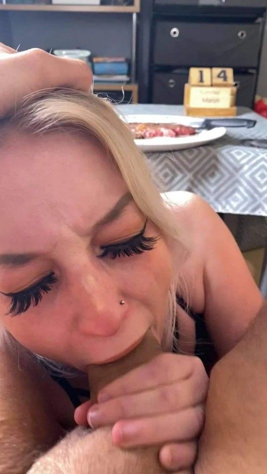 Amateur blond with fake lashes gagging on cock