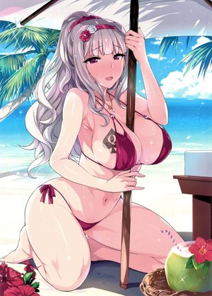 Takane showing off her QOS tattoo on the beach for black bulls to see