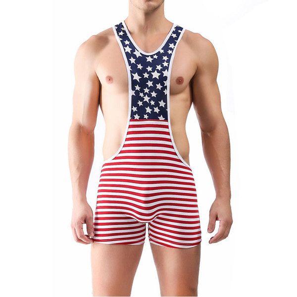Sexy American Flag Print Pants Stars Stripe Underwear Jockstrap Leotard Underwear Jumpsuit Wrestling Singlet Bodysuit Coverall Men's Lingeri