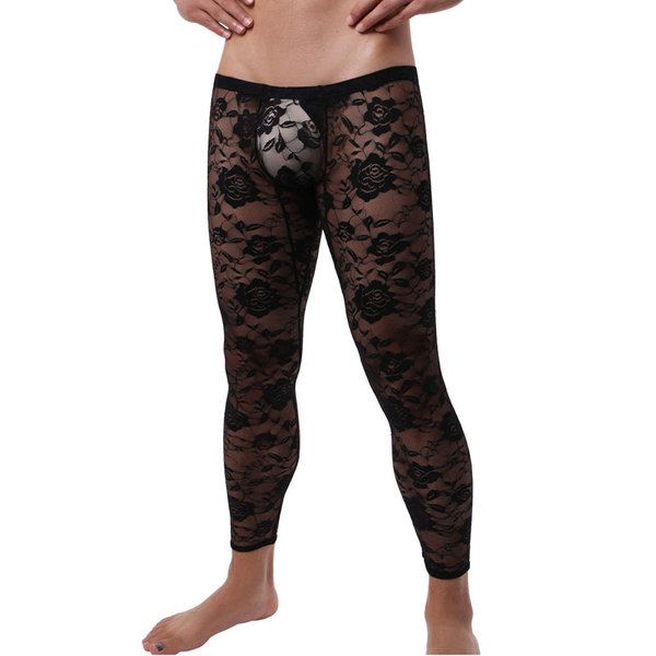 Sexy Floral Lace Sheer Tights Roses Skinny Long Trousers Leggings Stretchy Mesh Men's Sissy Lingerie