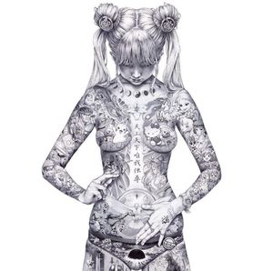 Body riddled with tattoos of pop culture.