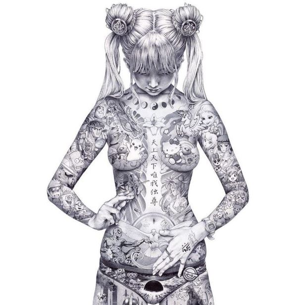 Body riddled with tattoos of pop culture.