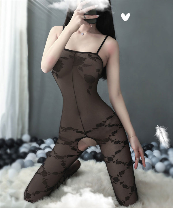 Sexy Mesh Rose Flower Print High Elasticity Exotic Crotchless Tights Women's Bodystockings Suspenders Lingerie Bodysuits