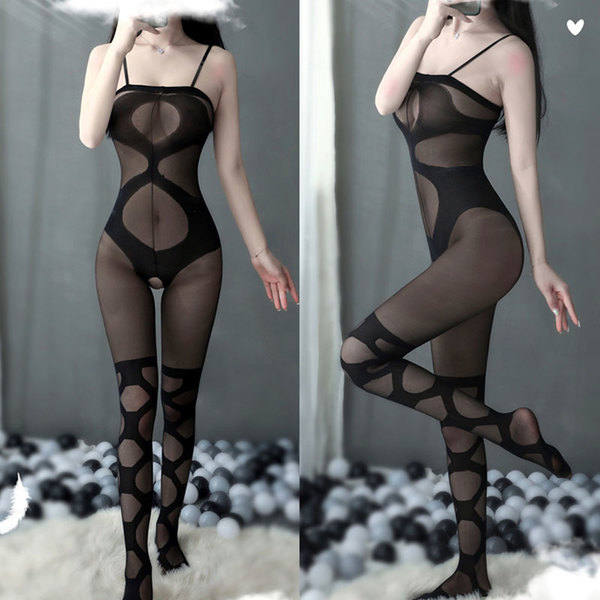 Sexy Large Grid Mesh High Elasticity Thin Bodysuits Crotchless Tights Exotic Suspenders Lingerie Women's Bodystockings
