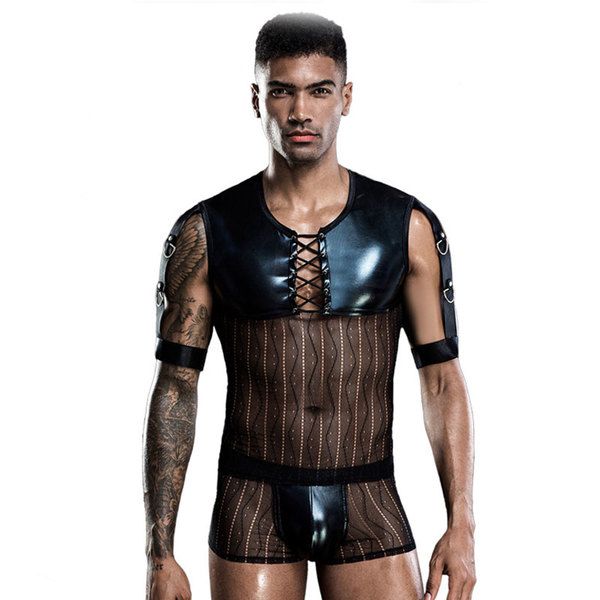Sexy Splice Tops Shorts Patent Leather Mesh 2 Piece Set Gay Bar Valet Waiter Underwear For Man U Pouch Briefs Men's Lingerie