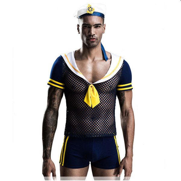 Sexy Navy Suit Nightclub Uniform Playing Sailor Cosplay Costume Fishnet Tops Short With Hats Men's Lingerie