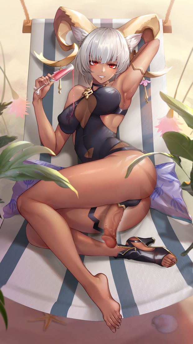 Sexy furry/Futa lounging on the beach, with some wine and soaking up some rays.