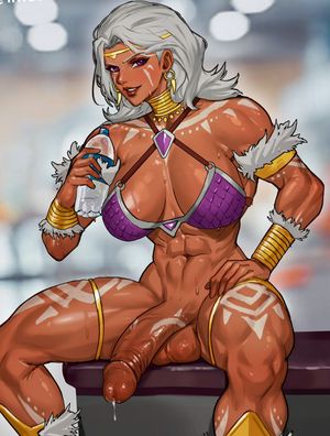 Sexy muscular Futa with huge gleaming cock, taking a break from working out.