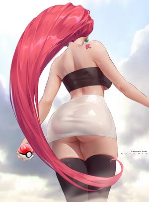 Pokémon chick with red hair showing a little sneak peek.