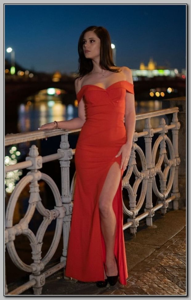 Dark hair babe in long red dress