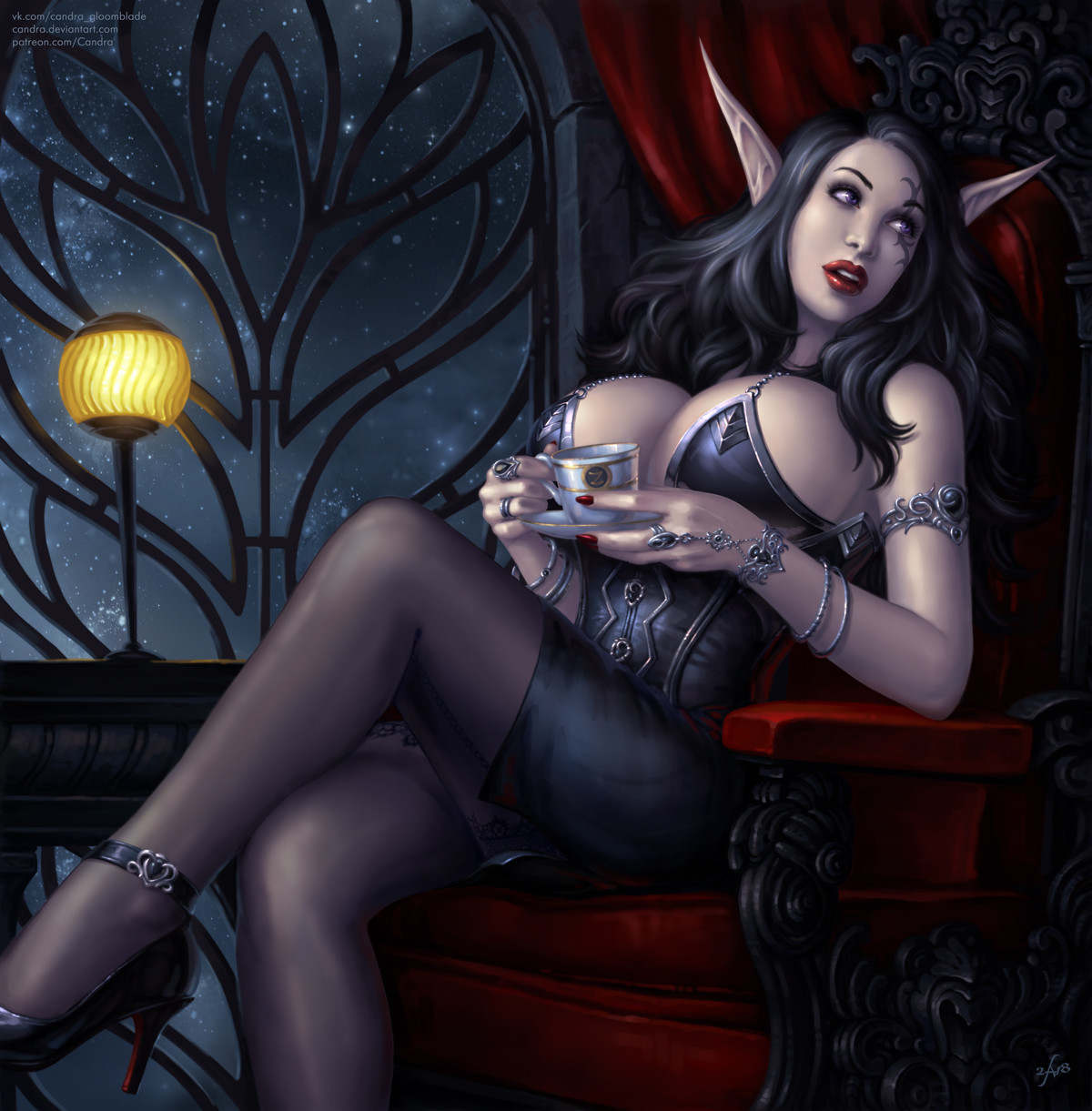 Sexy ancient dark elf with huge tits, enjoying a warm cup of tea, amidst a cold autumn evening.