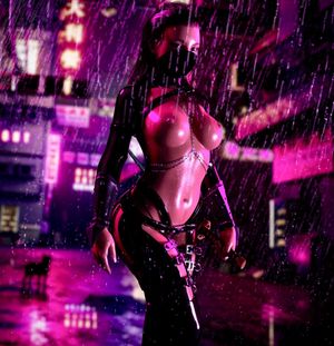 Sexy cyber whore looking super slutty walking in the rain, as her perfect tits shimmer under the neon light.