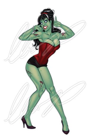 A portrait of an artists depiction of a sexy zombie babe.