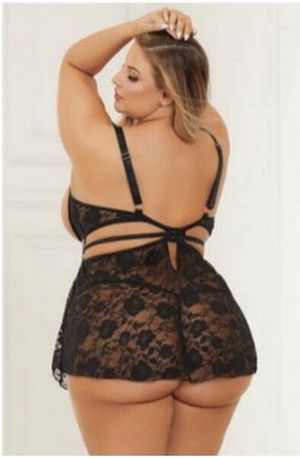 2 Pc Lace Babydoll and G-String Set - Queen - Black