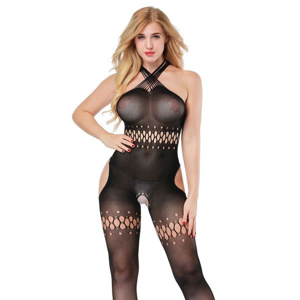 Sexy Jacquard Mesh Socks Fishnet Soft Underwear One Piece Bodystocking For Women Halter Plus Size Crotchless Bodysuit