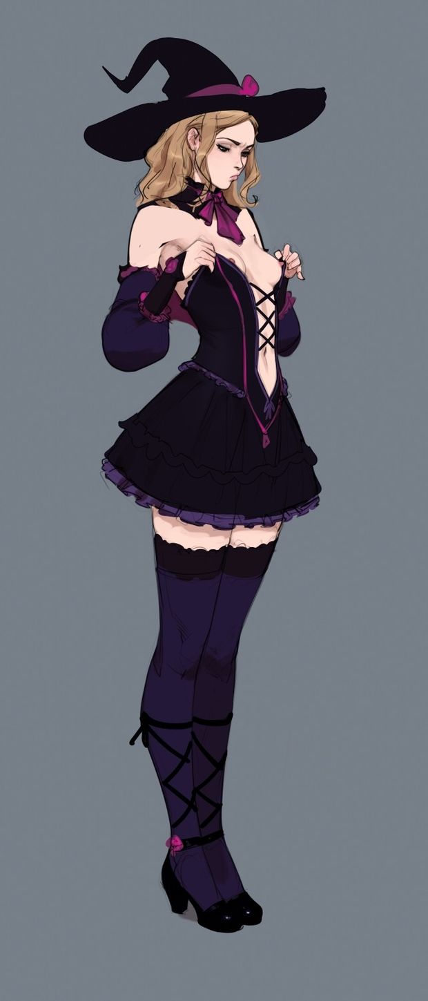 A cute perky witch wishing she knew a spell for bigger boobs.  I think they’re perfect.