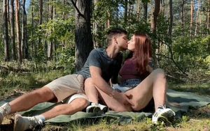 rubbing her clit in the woods