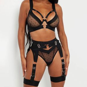 Sexy Mesh Bandage Splice Bra Panty Garter Belt 3 Piece Set Underwear Intimate Women's Lingerie