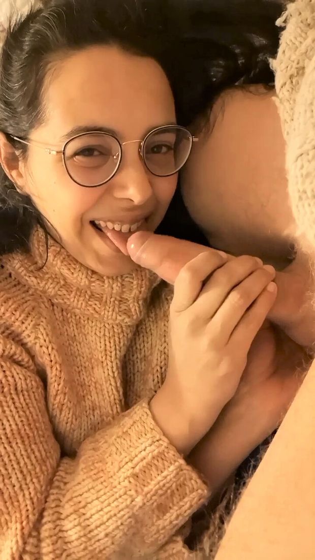 CFNM Amateur brunette with glasses happily sucking cock