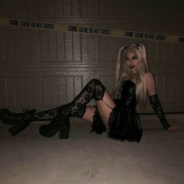 Demented Slutty Goth Babe gets all hot and bothered at a crime scene, where a murder took place.