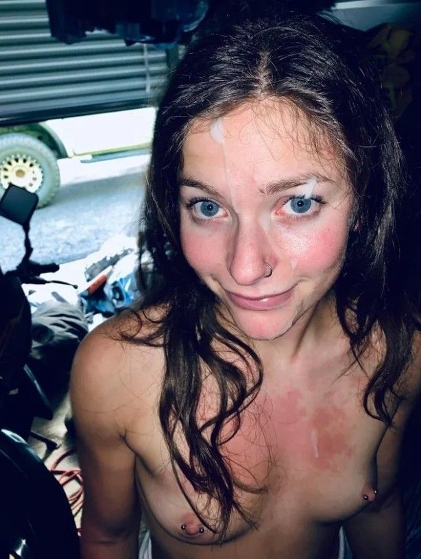 Beautiful brunette with blue-eyes cum splattered