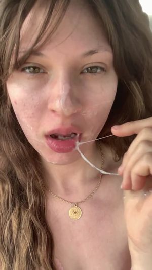 She drips cum on her face after a public blowjob