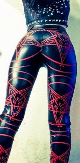 Tight ass thrasher bitch, with studded vest and satanic leggings.