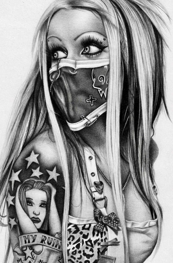 Beautiful sketch of a thrasher bitch with tattoos and mask.