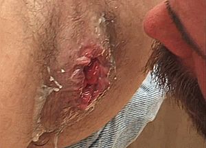 Man enjoying a leaking sperm deposit