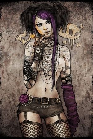 Dark, Sexy Lady Death, in ripped tube top, booty shorts and Black fishnet stockings.