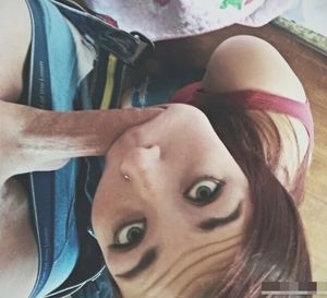 Amateur teen sucking cock and showing off that cheek-bulge