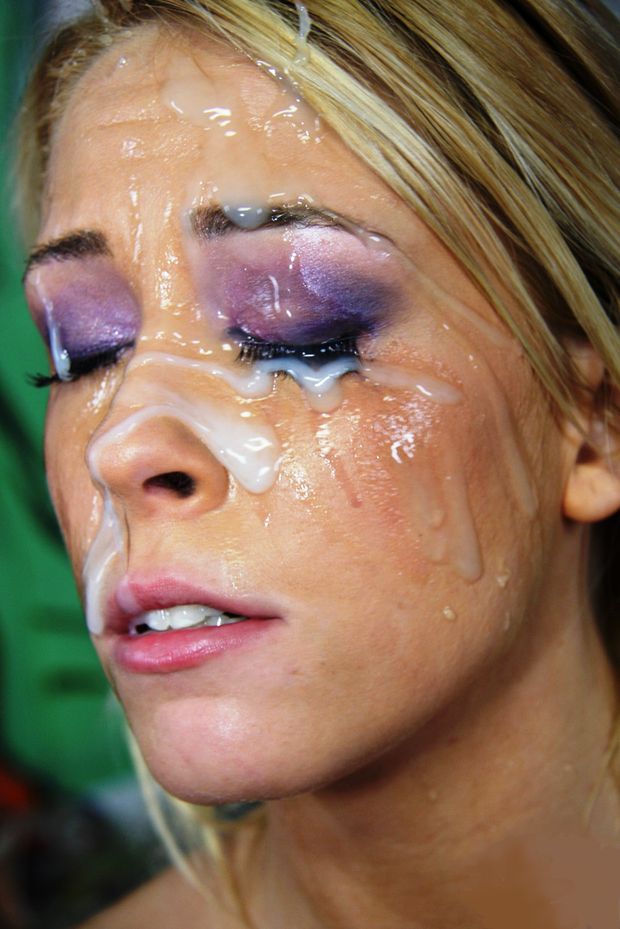 Brittany Angel sporting her freshly splattered face after sucking off ten black guys!  Who knows how much she swallowed?