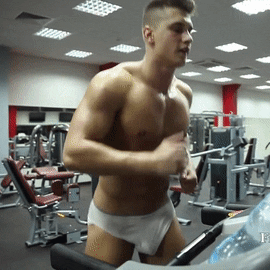 Cute guy running on a treadmill in his underwear with a bouncing bulge