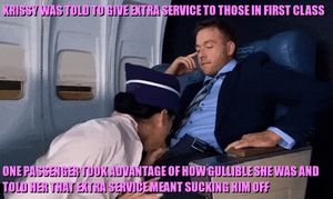 Of course he took advantage and got as many blowjobs as he could that flight, ending it all by fucking her in the bathroom