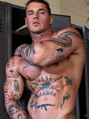 Muscles, ink, eyes, mouth, jaw, pecs, delts, bis, tris, nipples and ... Oh, Yeah, Did I mention: MUSCLES?