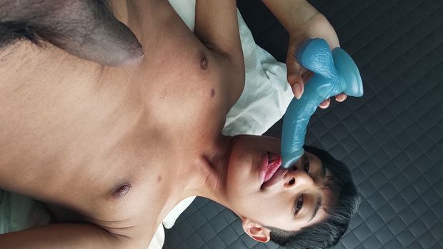 Mexican slut sucking his dildo